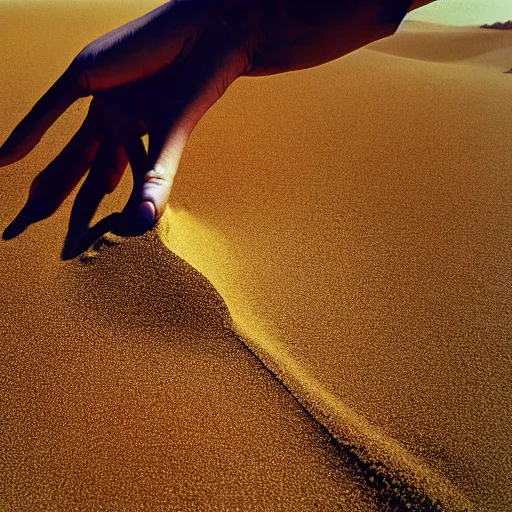 Image similar to chrome hand emerging from sand, high angle view, surrealist album cover art by storm Thorgerson, 1978