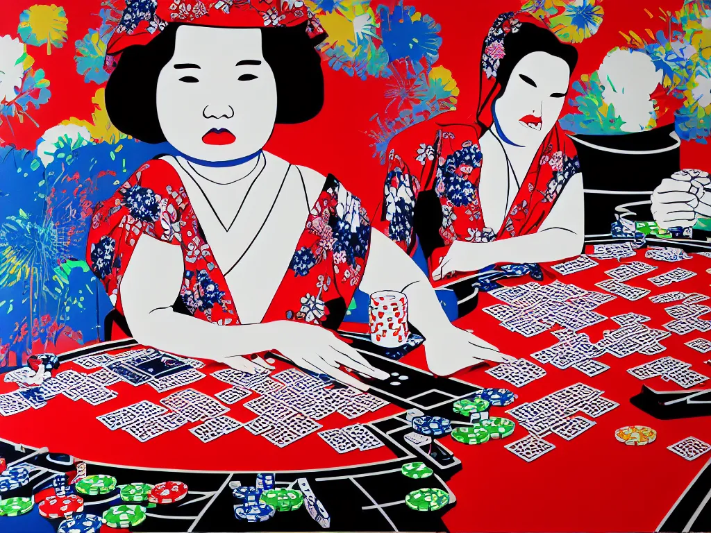 Image similar to hyperrealism composition of the detailed single woman in a japanese kimono sitting at an extremely detailed poker table with stormtrooper, fireworks, river on the background, pop - art style, jacky tsai style, andy warhol style, acrylic on canvas