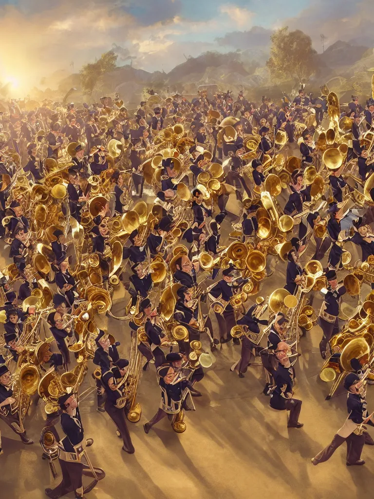 Image similar to marching band by disney concept artists, blunt borders, rule of thirds, golden ratio, godly light