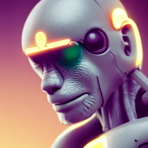 Image similar to a cyborg monkey, sci-fi, cyborg, close-up, cybernetic implant, neon, cyberpunk, center frame portrait, 8k, concept art, octane render