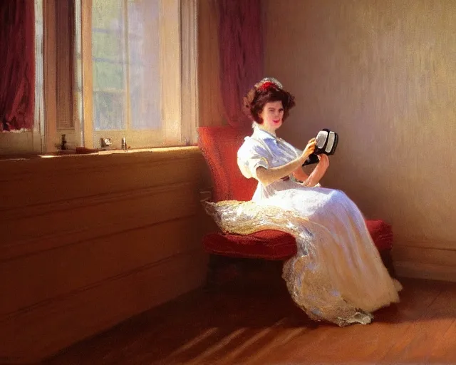 Prompt: beautiful vintage woman sitting in a loveseat using a rotary phone, cinematic lighting, albert bierstadt, claude monet, artstation