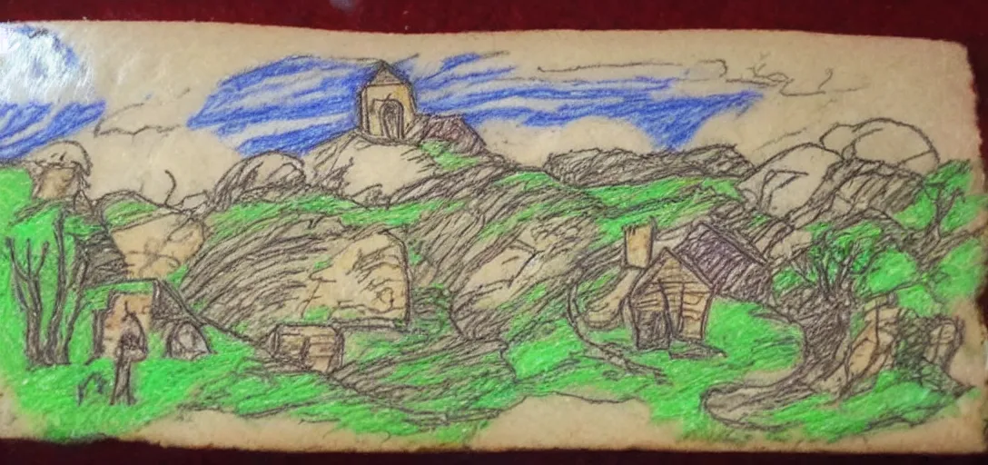 Image similar to The Shire poorly drawn in wax crayon by a five-year old