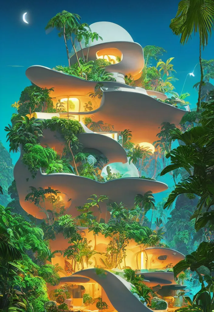 Prompt: a luminescent tropical cottage by paolo eleuteri serpieri and tomer hanuka and chesley bonestell and daniel merriam and tomokazu matsuyama, unreal engine, high resolution render, featured on artstation, octane, 8 k, highly intricate details, vivid colors, vector illustration