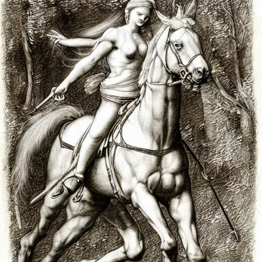 Prompt: “8k pencil drawing of Diana huntress in beautiful forest, Horses in run, intricate in style of Michelangelo and Rubens and Albrecht Durer, hand made paper” - H 768