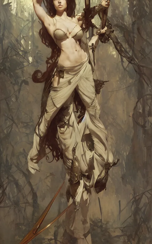 Image similar to modern elegant female ninja, with large sword, feminine, powerful, beautiful, upper body, muscular arms and abdominals, wide leg hakama trousers, highly detailed, by gaston bussiere, mucha, gerome, craig mullins, greg rutkowski, john singer sargent