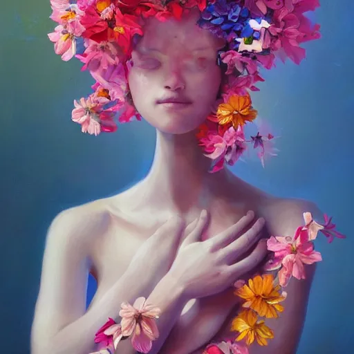 Prompt: a bouquet of colorful flowers, flowers with very long petals, light and shadow, glowing, vivid, hidden soft and delicate female hands, no head, no body, no face, detailed painting, by James Jean and Ross Tran, masterpiece, award winning painting