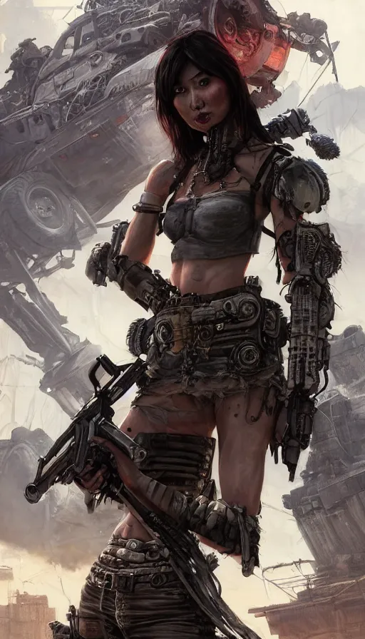 Image similar to road warrior, gemma chan beautiful girl, postapocalyptic, muscle cars, weapons, dystopian, grindhouse, george miller, made by stanley artgerm lau, wlop, rossdraws, james jean, andrei riabovitchev, marc simonetti, yoshitaka amano, beksinski artstation, cgsociety