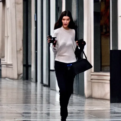 Image similar to fan takes photo of bella hadid walking alone through the streets of milan on a cloudy day, photorealistic, very detailed, dynamic light, samsung s 2 2 photo