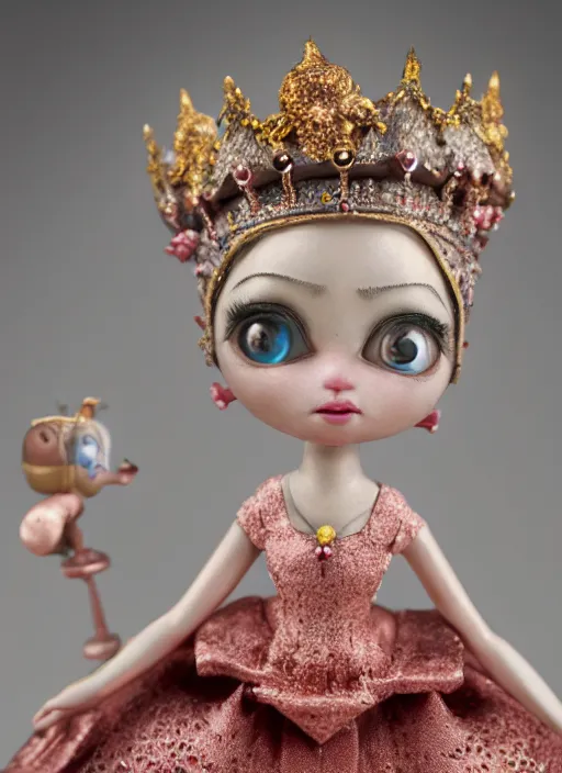 Image similar to closeup profile portrait of tin toy fairytale princess wearing a crown, depth of field, zeiss lens, detailed, symmetrical, centered, fashion photoshoot, by nicoletta ceccoli, mark ryden, lostfish, breathtaking, 8 k resolution, extremely detailed, beautiful, establishing shot, artistic, hyperrealistic, octane render