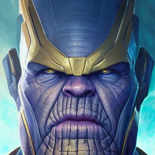 Prompt: close-up, symmetrical, portrait of Thanos, scowling, art by greg rutkowski, matte painting, trending on artstation