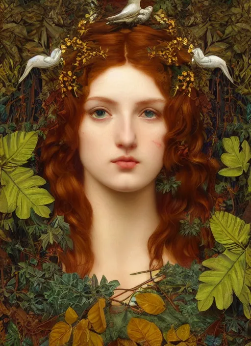 Image similar to masterpiece beautiful seductive flowing curves preraphaelite face portrait amongst leaves, extreme close up shot, straight bangs, thick set features, yellow ochre ornate medieval dress, magpie, amongst foliage mushroom forest circle arch framing, kilian eng and frederic leighton and rosetti, 4 k
