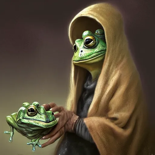 Prompt: Elderly anthropomorphic frog russian grandmother dressed as a babushka. MTG Digital art, by Seb McKinnon