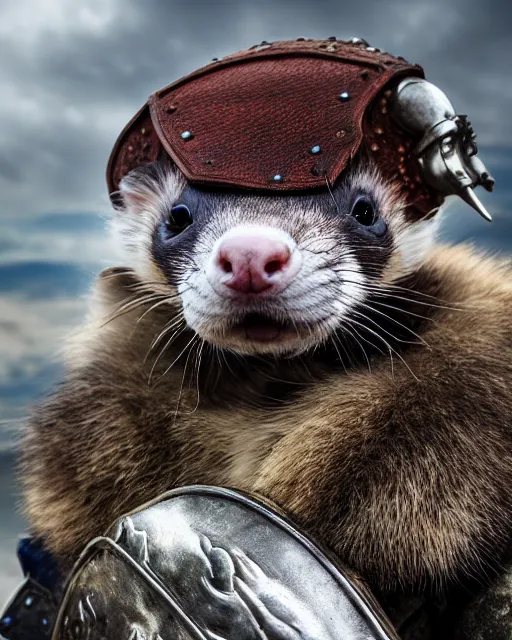 Image similar to ferret warrior, furry, fantasy, viking, high detailed, photography, cloudy, lightweight leather armour, scandinavia, plain, detailed face, look into the distance, serious face, full body, in full growth, professional photographer, masterpiece, 5 0 mm, extremely detailed, digital art 8 k