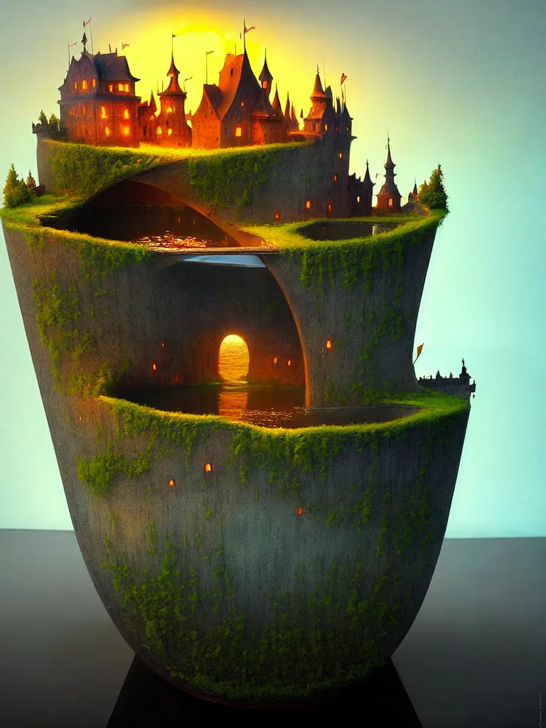 Prompt: extendable anise diorama an immense gigantic ornated iron cup with a lake inside, water in excess droping by, boats, castle, sunset, volumetric light, godrays, gediminas pranckevicius