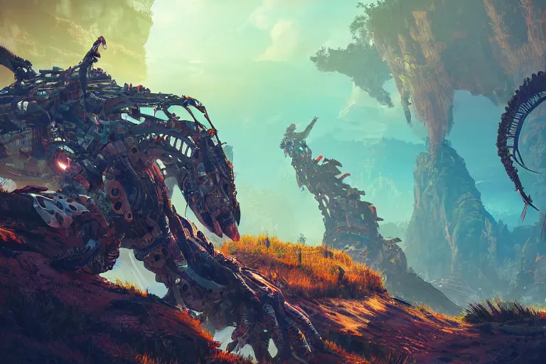 Prompt: slitherfang machine creature robot of horizon forbidden west horizon zero dawn radiating a glowing aura global illumination ray tracing hdr fanart arstation by ian pesty and alena aenami artworks in 4 k