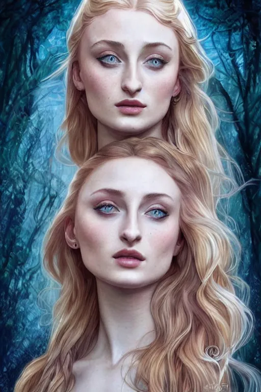 Prompt: sophie turner looking cute, anatomy, cute, fantasy, intricate, elegant, highly detailed, digital painting, 4 k, hdr, concept art, smooth, sharp focus, illustration, art by artgerm and h r giger and alphonse mucha