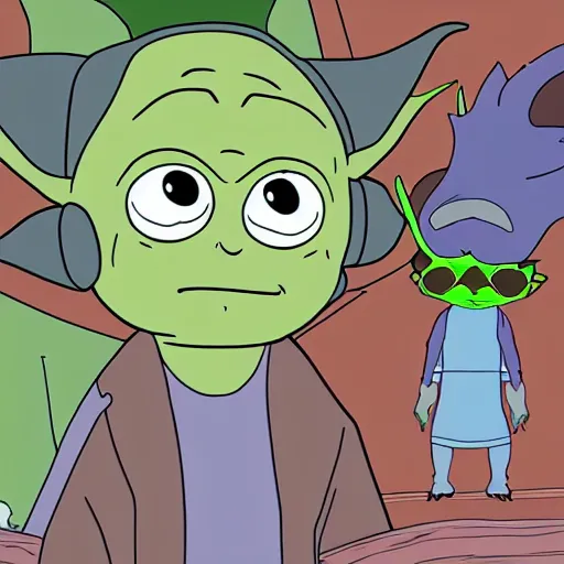Prompt: Baby Yoda meets Rick Sanchez in Rick and morty digital art 4k detailed super realistic
