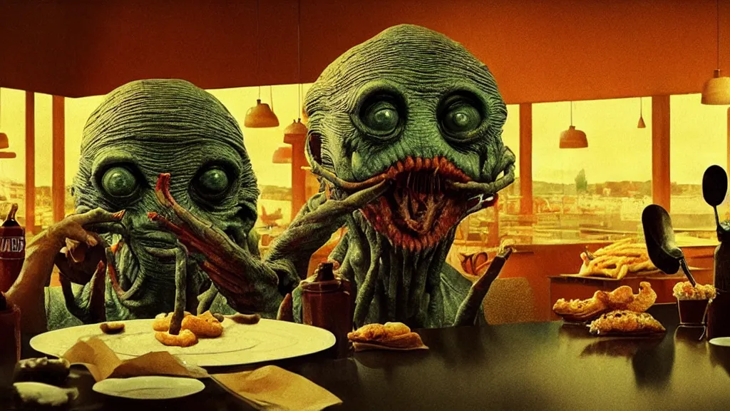 Prompt: the strange creature at the fast food place, they scare my family, film still from the movie directed by denis villeneuve and david cronenberg with art direction by salvador dali and zdzisław beksinski, wide lens