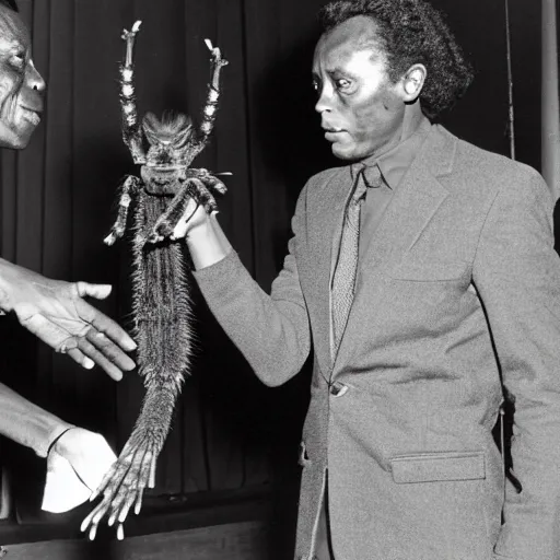 Prompt: miles davis shaking hands with a giant humanoid tarantula