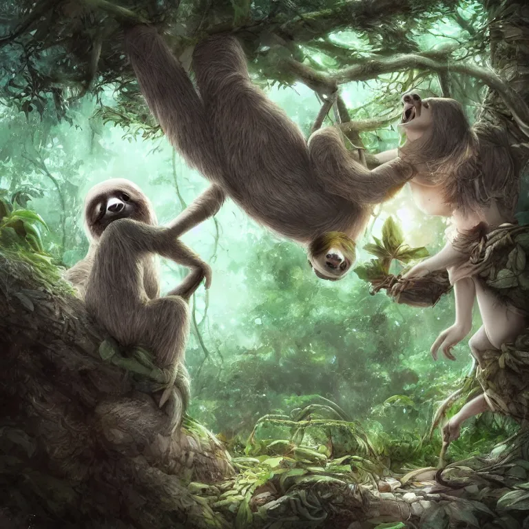 Prompt: A playful cute sloth talking to a shy fairy. award winning. superb resolution. in the art style of junji Ito and greg rutkowski. Detailed dark forest in background. Hyper realistic anime. Perfect art.