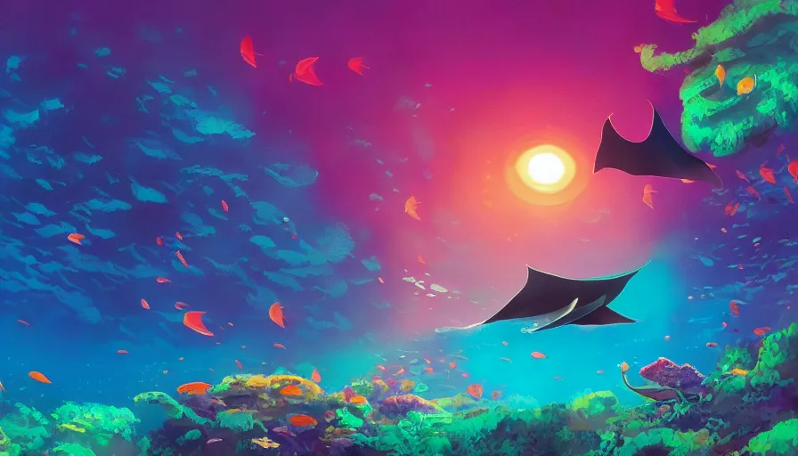 Image similar to a single manta ray swims above a colorful coral reef filled with fish, volumetric light, realism, in the style of alena aenami and andreas rocha and anato finnstark and charlie bowater