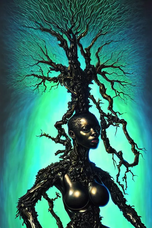 Image similar to hyperrealistic post - baroque super expressive! black woman with exoskeleton armor, merging with tree in a forest, highly detailed digital art masterpiece smooth cam de leon eric zener dramatic pearlescent blue green light ground angle hd 8 k sharp focus