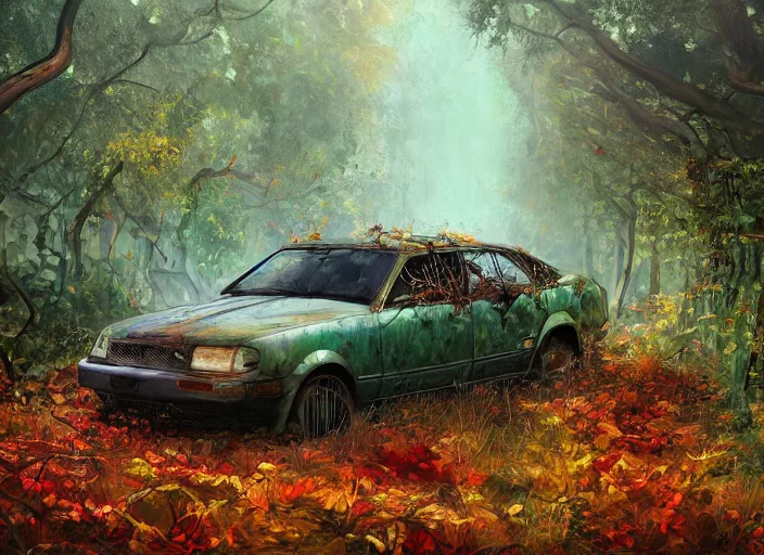 Image similar to A painting of an overgrown car in a forest, vines coming down from the tall trees, autumn, rocky ground, digital art, trending on Artstation, immaculate scale, amazing composition, detailed painting