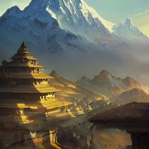 Prompt: ultra wide painting of nepal in year 2 0 7 7, science fiction, ultra realistic, concept art, intricate details, highly detailed, photorealistic, octane render, 8 k, unreal engine. art by artgerm and greg rutkowski and alphonse mucha