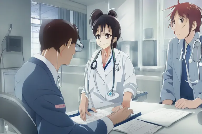 Image similar to a cute young female doctor wearing white coat are talking with an old surgeon in a hospital, slice of life anime, lighting, anime scenery by Makoto shinkai