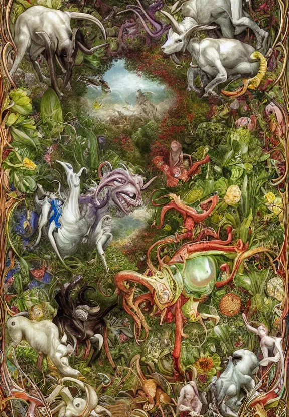 Prompt: simplicity, elegant, muscular goats, babies, botany radiating, colorful mandala, psychedelic, overgrown garden environment, by h. r. giger and esao andrews and maria sibylla merian eugene delacroix, gustave dore, thomas moran, pop art, biomechanical xenomorph, art nouveau, cheerful, glass domes