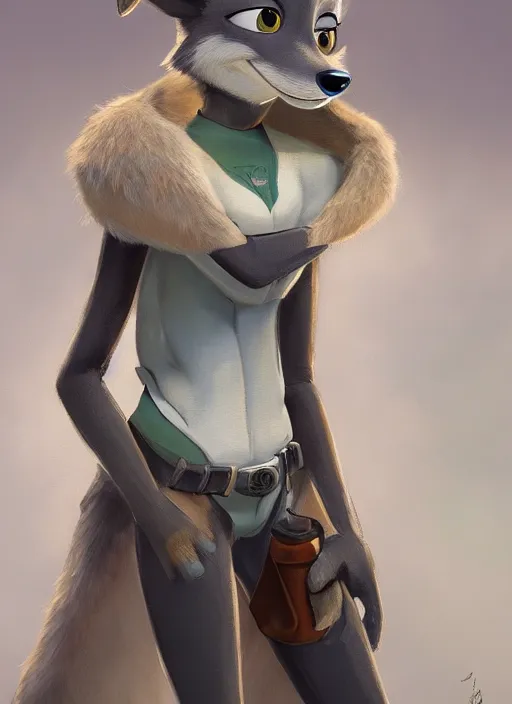 Image similar to oil painting detailed full body of anthromorphic female wolf, in style of zootopia, zootopia, zootopia, fursona, furry, furaffinity, 4 k, deviantart, furry art, fursona art, wearing astronaut outfit, in style of zootopia, wolf fursona, cyberpunk, female, expressive, detailed feminine face,