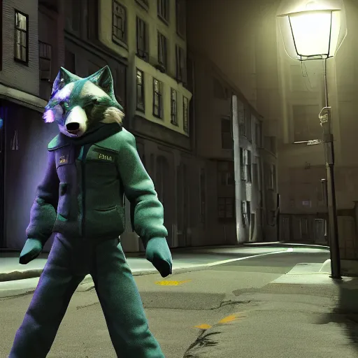 Image similar to furry anthro 3d source engine render 4k police officer anthropomorphic white wolf in blue uniform standing under a streetlamp in an alley at night half life