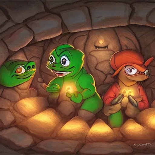 Image similar to a group of pepe digging in a tunnel by torchlight, artwork by Artgerm, Don Bluth