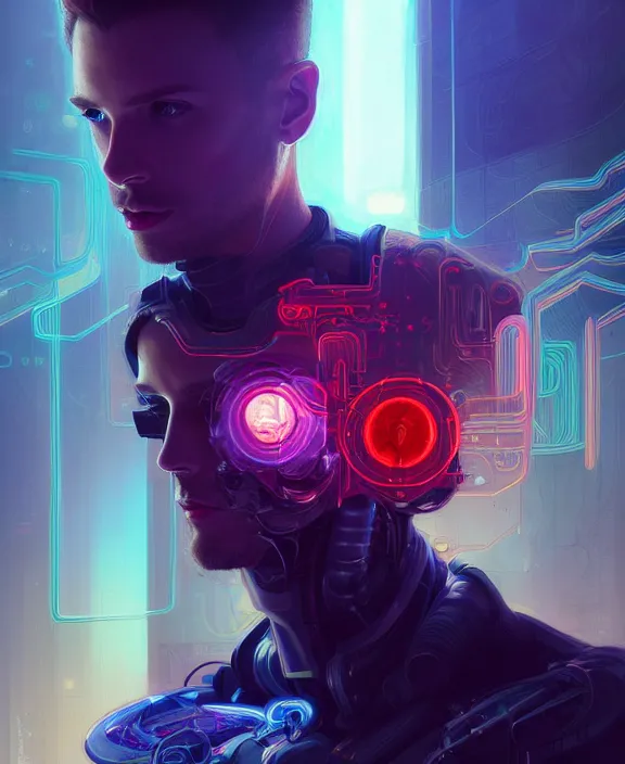 Image similar to a whirlwind inside the metaverse, guy, male, man, hologram, half body, neurochip, android, cyborg, cyberpunk face, by loish, d & d, fantasy, intricate, elegant, highly detailed, colorful, digital painting, artstation, concept art, art by artgerm and greg rutkowski and alphonse mucha