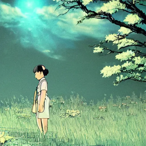 Image similar to Film still from Graveyard of the Fireflies (1988), evening, Studio Ghibli, Artstation
