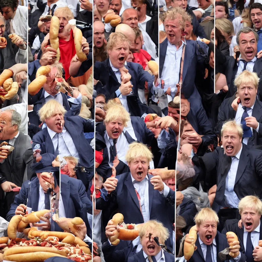 Image similar to jeremy clarkson shouting angry, nigel farage shouting angry, boris johnson shouting angry, all fighting over hot dogs