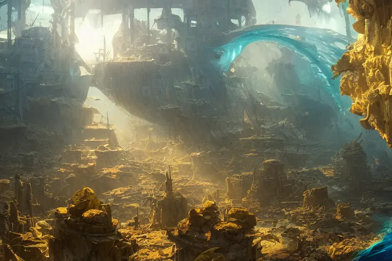 Image similar to a scenic view of the lost and abandoned city of Atlantic under water, ray of sunlight, whale fall, fish flocks, Greg Rutkowski, Moebius, Mohrbacher, Mucha, blue and gold color scheme, ultra wide angle, light effect