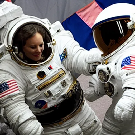 Prompt: astronaut cat shaking hands with the president