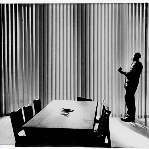 Image similar to wide angle of detective standing in apartment holding a bottle of alcohol, venetian blinds in the background, table and chairs against the wall, black and white, 4k, movie frame from 1940s noir film