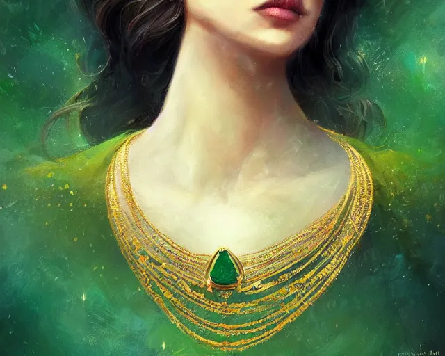 Prompt: emerald necklace suspended on elaborate gold chain, illustration, by ( kieran yanner ) ( miranda meeks ) ( anna podedworna ) ( cristi balanescu ), digital art