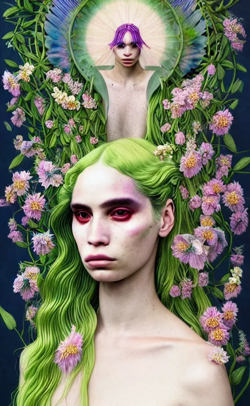 Image similar to the non-binary deity of Spring, 1 figure only, looks a blend of Grimes, Lana Del Rey, Aurora Aksnes, and Zoë Kravitz, it is made entirely out of flora and fauna, in a style combining Botticelli, Möbius and Æon Flux, surrealism, stunningly detailed artwork, hyper photorealistic 4K, stunning gradient colors, very fine inking lines
