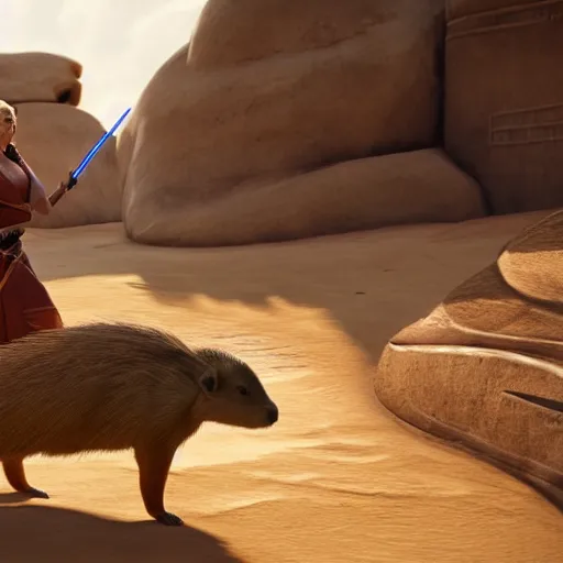 Prompt: female jedi riding a giant capybara into battle unreal 5, hyperrealistic, realistic, photorealistic, dynamic lighting