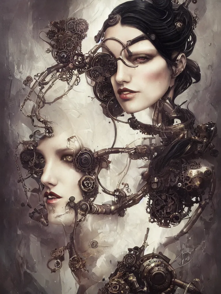 Prompt: a steampunk portrait of a hideous woman with shadowy eyes and bonewhite hair, with black glossy lips, hyperrealistic, award-winning, masterpiece, in the style of Tom Bagshaw, Cedric Peyravernay, Peter Mohrbacher