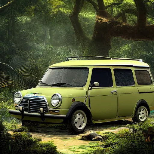 Prompt: a mini van in the middle of the jungle, hyperdetailed, ambient occlusion, pfp, lensflare, ghibli style, anime background, octane