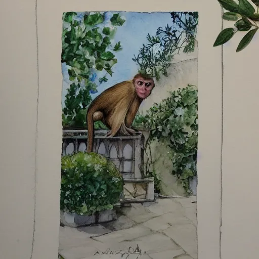 Prompt: delicate, monkey on chairs, garden, paved, botanic watercolors, iridescent, 8 k, realistic shaded, fine details, artstation, italian, iron gate, tree, mediterranean, marvelous
