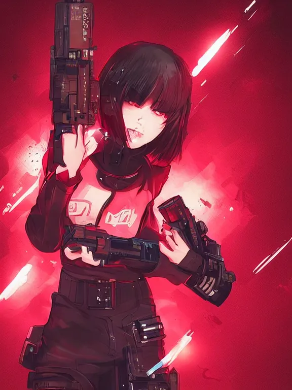 Image similar to a female character with a gun and a red background, cyberpunk art by muqi, featured on pixiv, rayonism, sci - fi, pixiv, official art