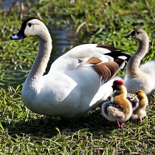 Image similar to a crossbreed of wild duck and a swan, with chicks, photo