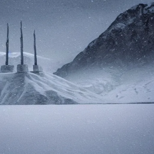 Image similar to a artic landscape with a large, satanic temple on it. mountains that are snow capped are in the background. there is a group of black hooded cultists at the top of the satanic temple. overcast sky, snowing, grainy.