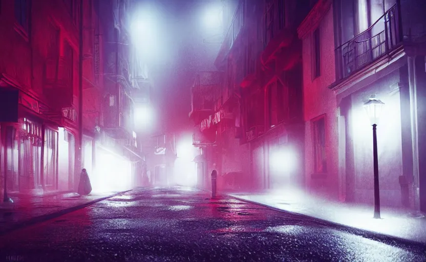 Image similar to red night street, gloomy and foggy atmosphere, octane render, artstation trending, horror scene, highly detailded