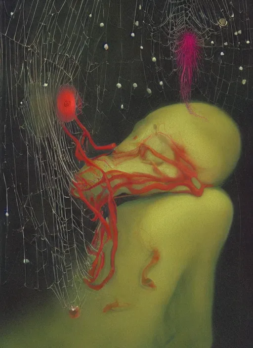 Prompt: She Eats of the Strangling Fruit and Her spiderlike gossamer glistening polyp blossoms bring iridescent fungal flowers whose spores black the foolish glaring stars Edward Hopper and James Gilleard, Zdzislaw Beksinski, Mark Ryden, Wolfgang Lettl highly detailed